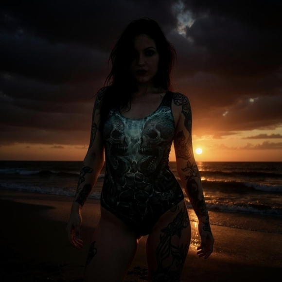 Spiral Direct Flaming Spine Swimsuit – Scoop Back, Padded, Skull & Lava Graphic - Picture 2 of 6